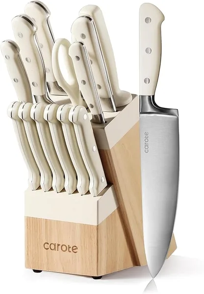 CAROTE 14-Piece Forged Knife Set with Block, dishwasher safe