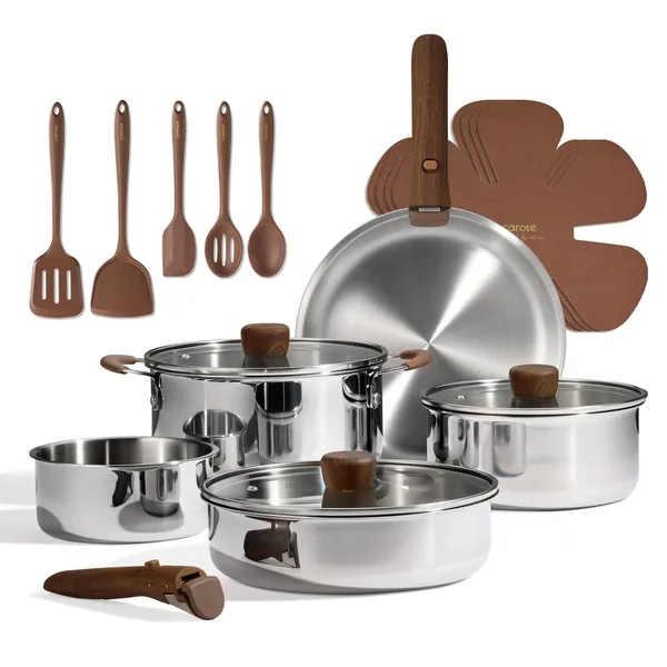 CAROTE 19pcs Stainless Steel Cookware Set with Detachable Handle