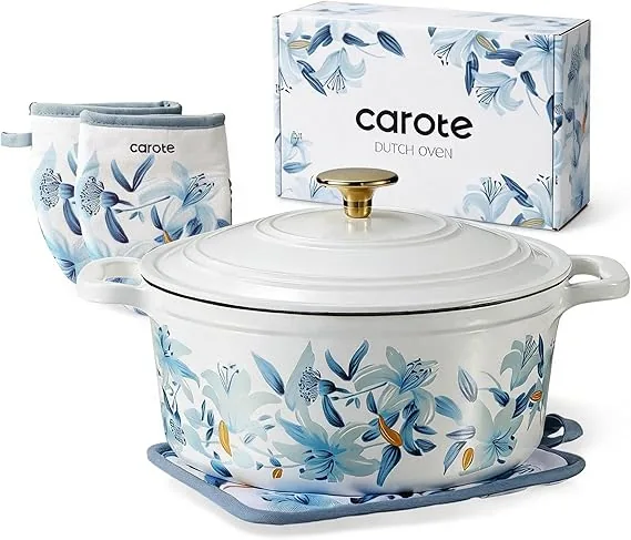 CAROTE 5 QT Enameled Floral Cast Iron Dutch Oven Pot with Lid