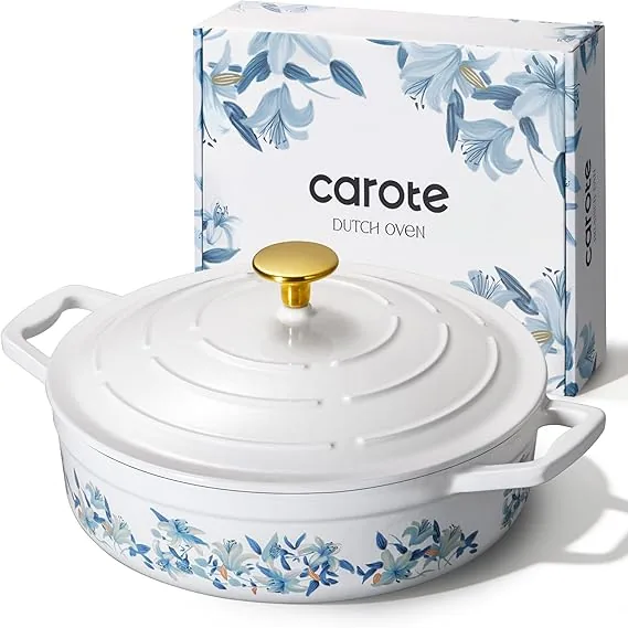 CAROTE 3.5QT Enameled Cast Iron Braiser Pan, Shallow Floral Dutch Oven Casserole