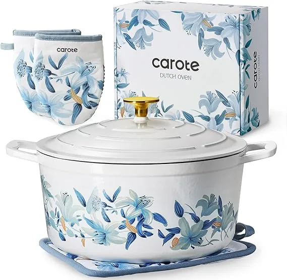 CAROTE 7 QT Enameled Floral Cast Iron Dutch Oven Pot with Lid
