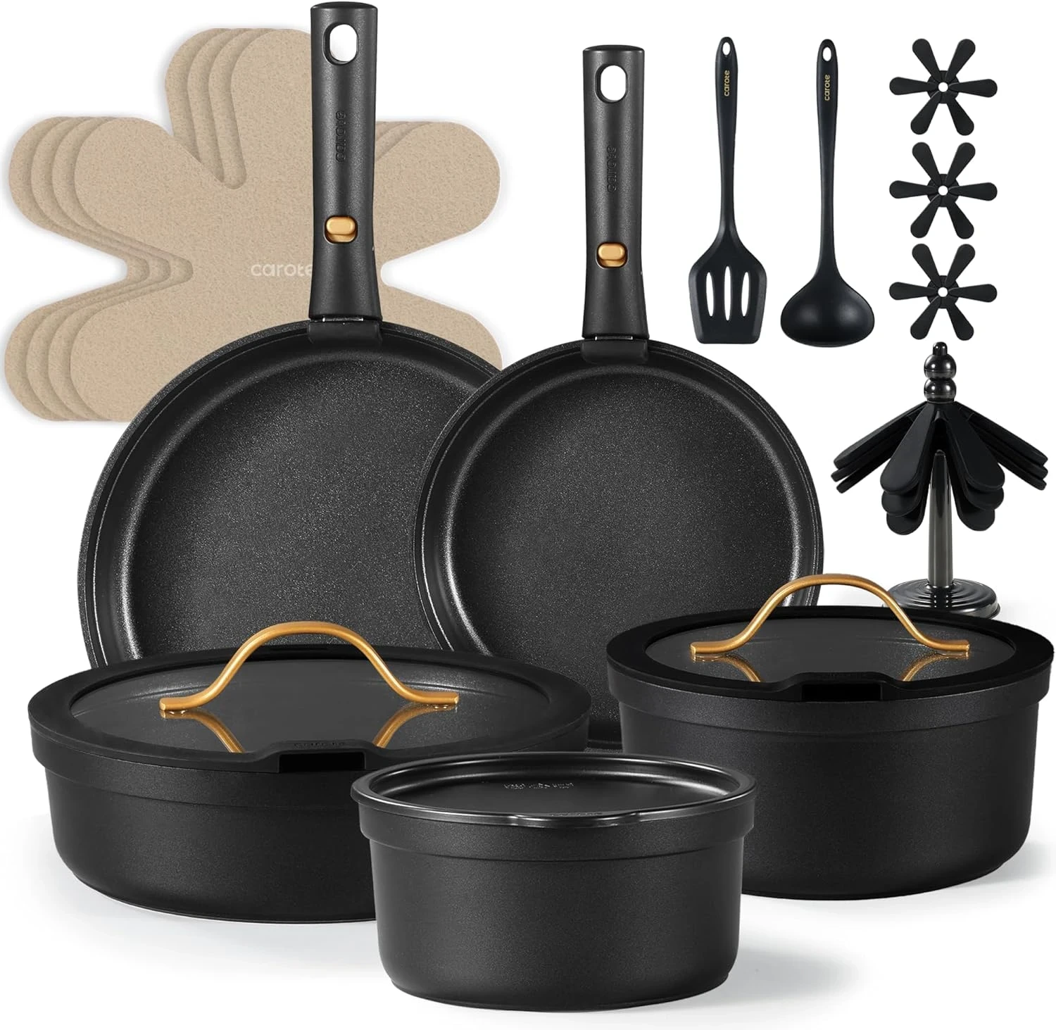 Carote black nonstick cookware set with gold accent handles