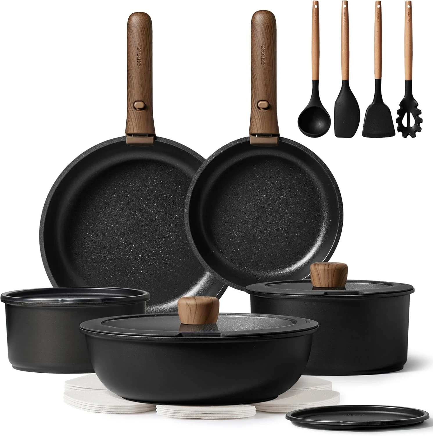 Carote black cookware set with dark walnut wood handles