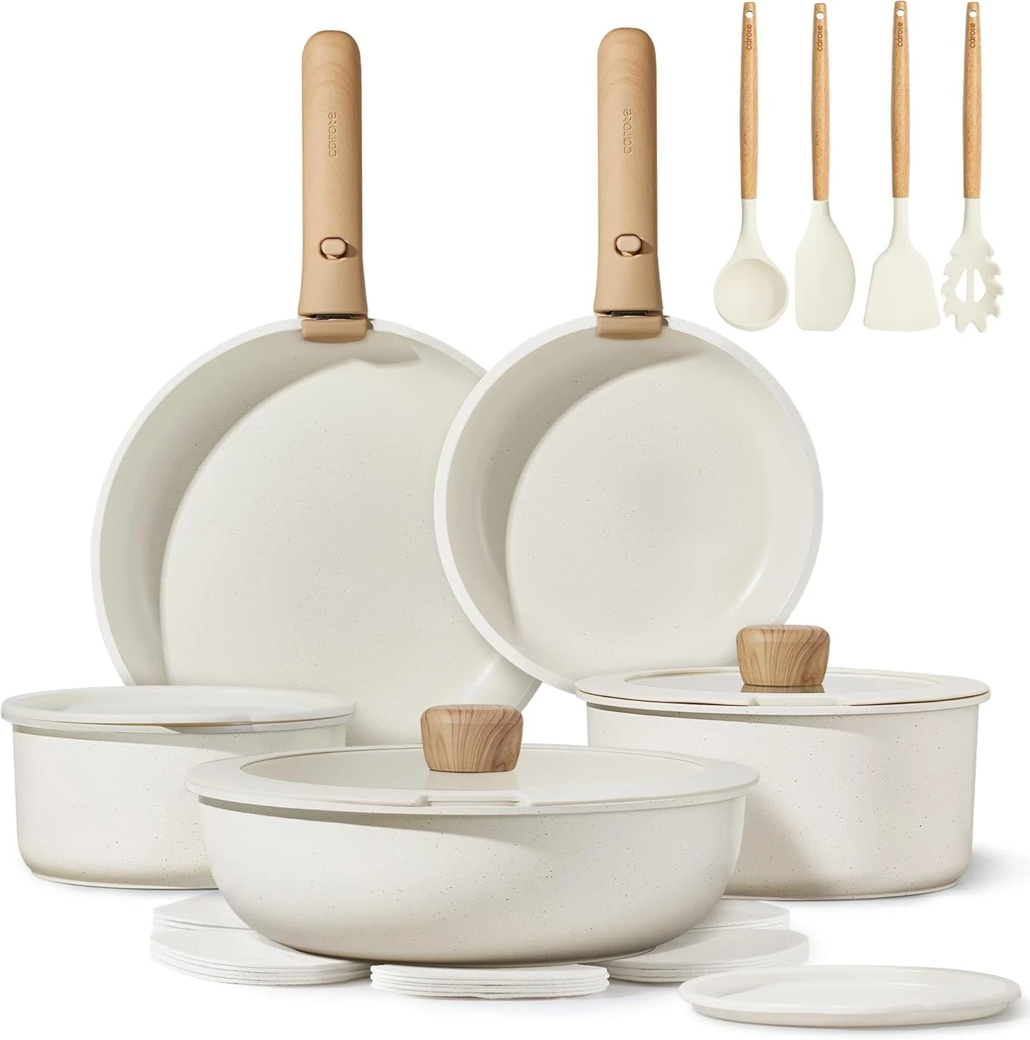 Carote cream cookware set with wooden knob lids